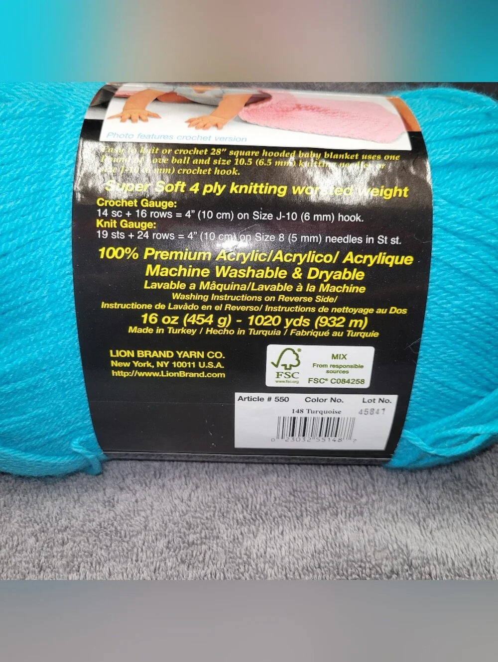 Lion Brand Baby Yarn- 1 Pound, Soft Acrylic. Turquise-Blue. Knitting & Crochet